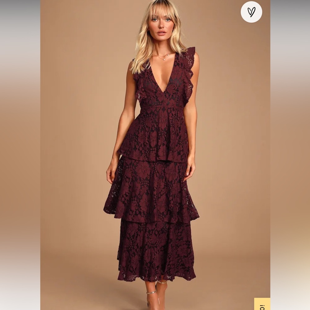 Lulu’s Burgundy Lace Ruffled Tiered Sleeveless Maxi Dress